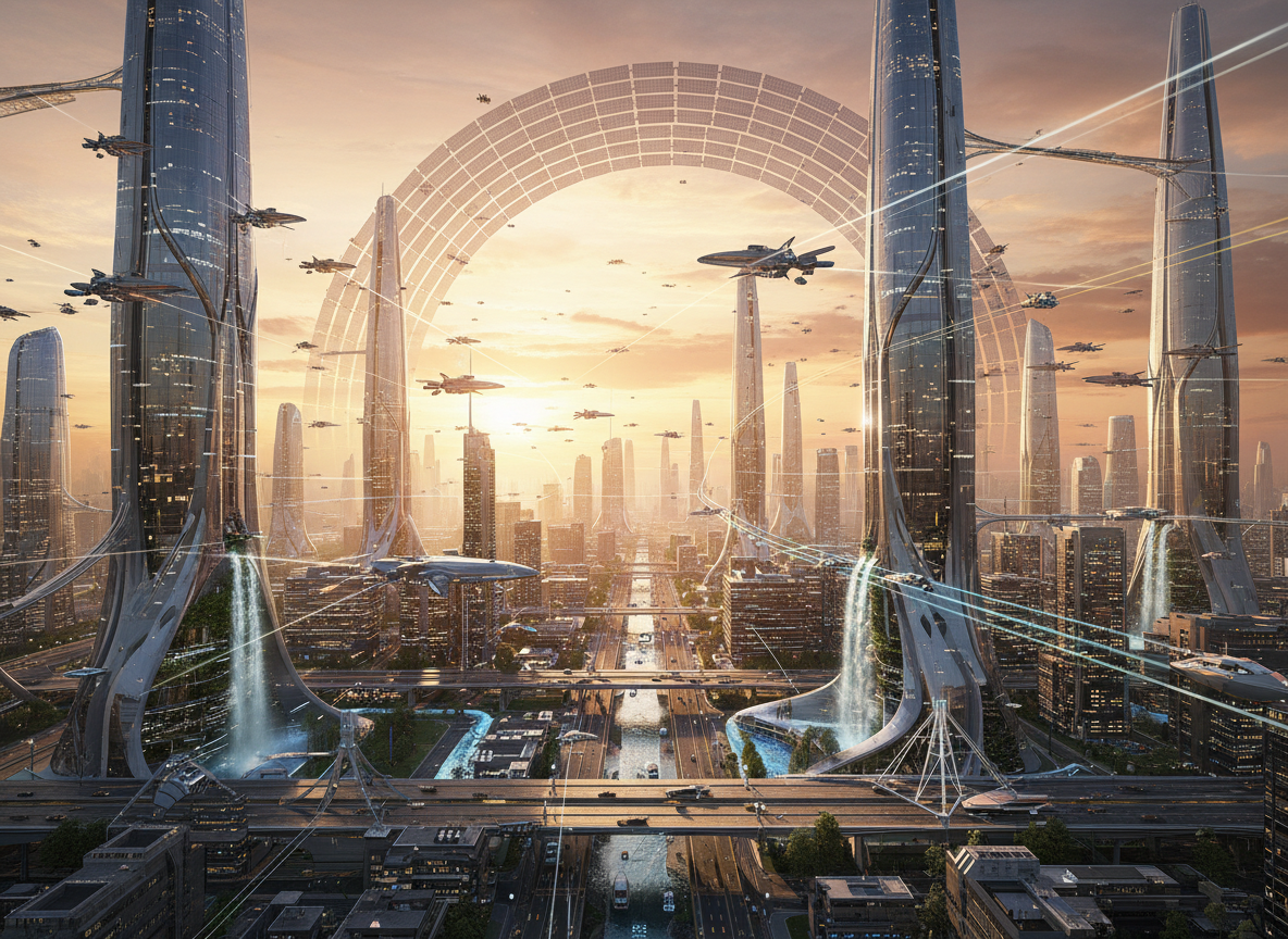 Cinematic wide shot of a futuristic city with flying cars