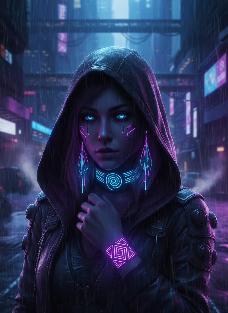 Portrait of a cyberpunk woman with neon glowing accessories