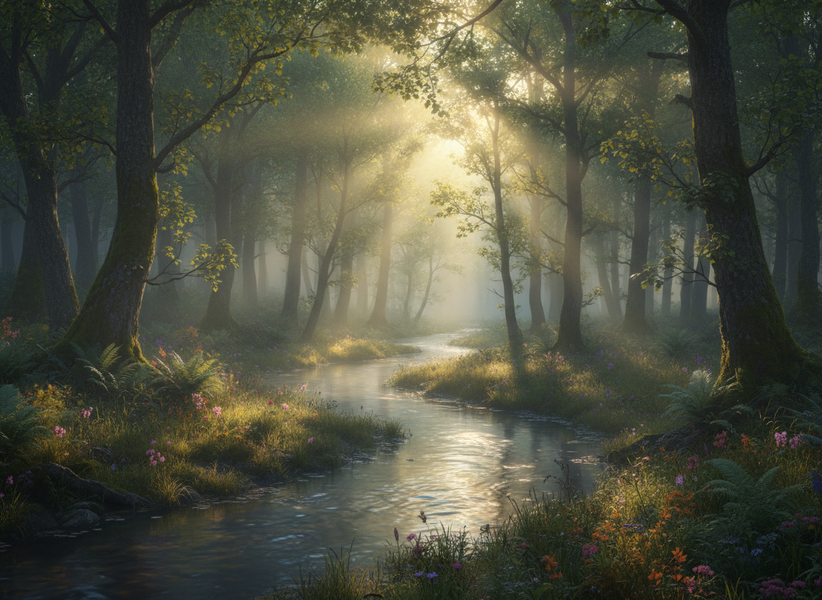 Serene landscape with a flowing river through a forest
